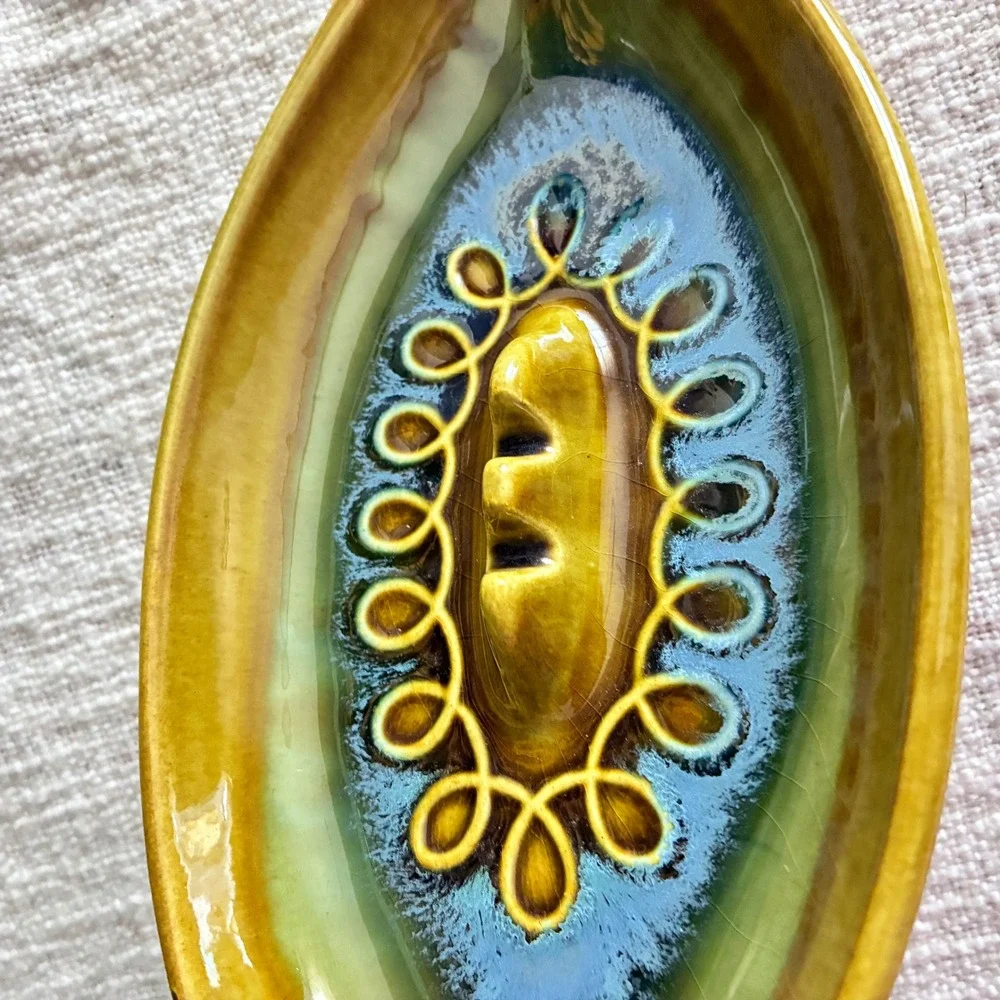 Vintage 1960s Ashtray Olive Green Blue Drip Glaze MCM Calif Pottery USA E9-11